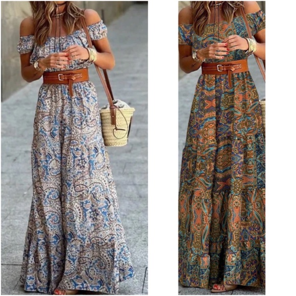 BellanBlue Dresses & Skirts - Boho Paisley Floral Print Off Shoulder Maxi Dress